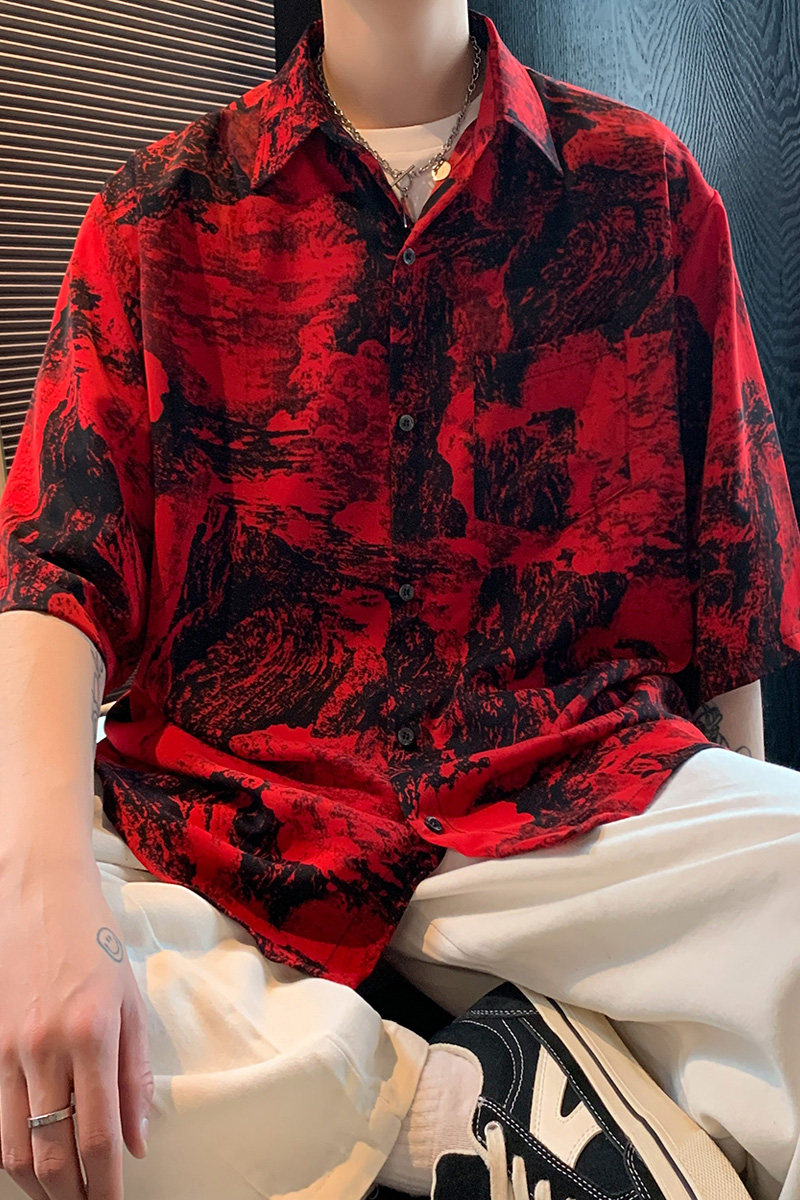 CS77港风夏季碎花冰丝薄款短袖衬衫男宽松半袖红花衬衣P40,男装衬衫,电商A115