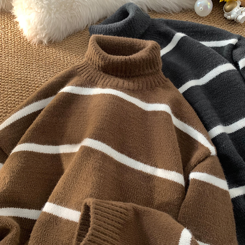 M208条纹高领毛衣男潮宽松套头针织衫撞色线衣特P45无差价，男装针织衫/毛衣，电商A115