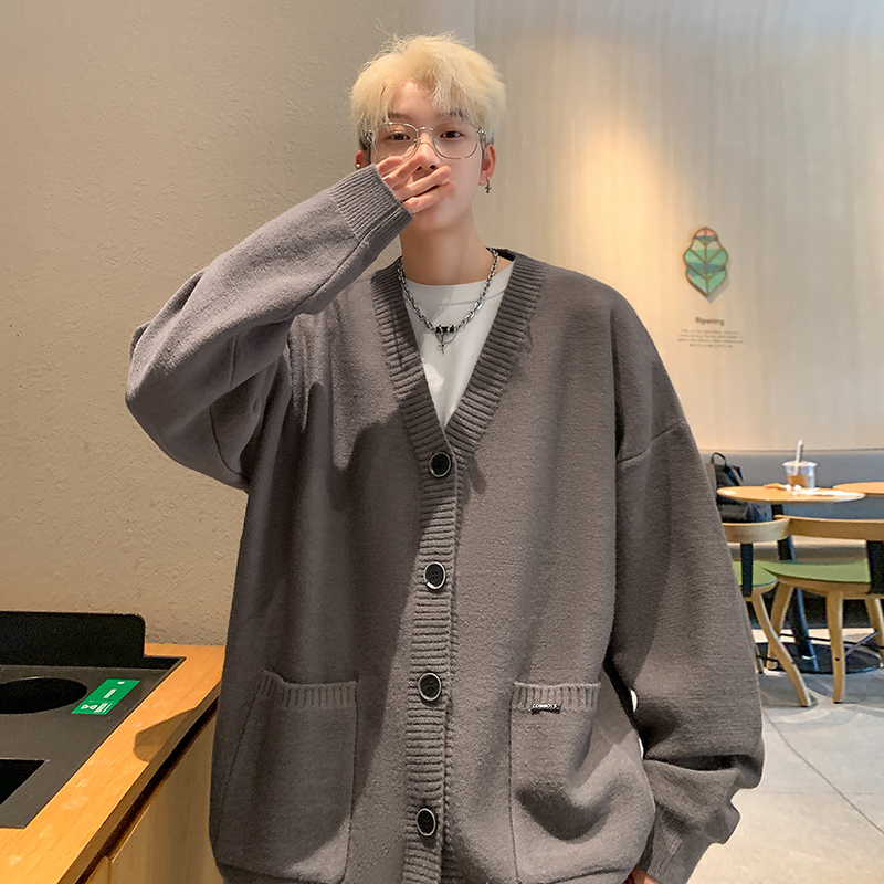 M802秋季新款纯色V领针织开衫外套男宽松慵懒风针织衫毛衣P65，男装针织衫/毛衣，电商A115