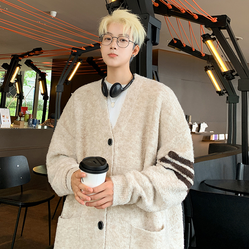 M805灰色针织开衫外套春秋季韩版宽松慵懒风痞帅针织衫毛衣P118，男装针织衫/毛衣，电商A115