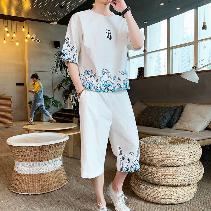 China style summer new printed shorts short sleeve T-shirt set men's large loose linen two piece set