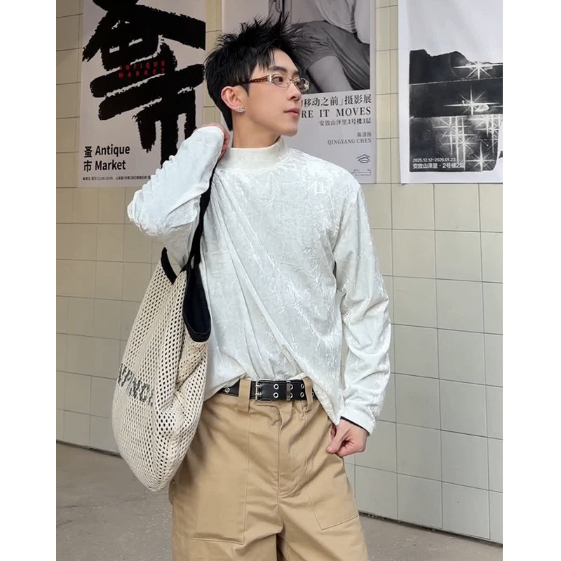 T0042026春季新款中领长袖T恤男潮松弛感纹理套头宽松打底衫P30，男装T恤，电商A115