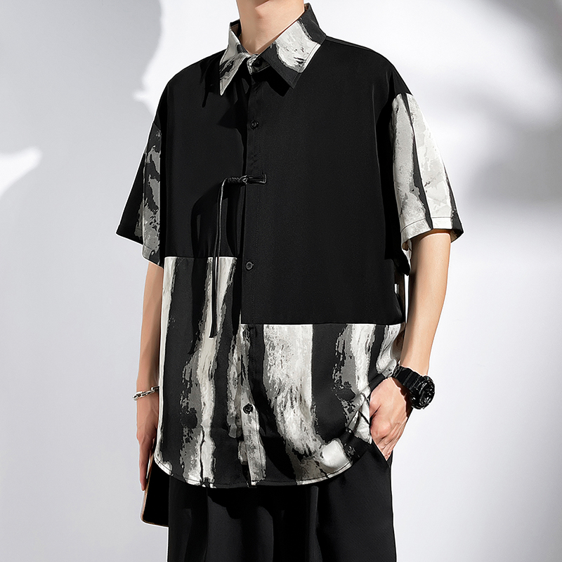 C666-特P35无差价  新中式大理石纹拼接短袖衬衫男大码宽松衬衣