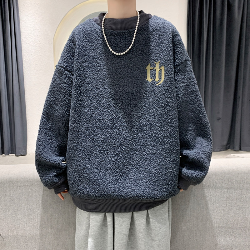 9006冬季新款加绒加厚羊羔毛卫衣男潮牌宽松保暖黑色外套P75,男装卫衣,电商A115