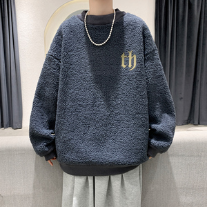 9006冬季新款加绒加厚羊羔毛卫衣男潮牌宽松保暖黑色外套P75