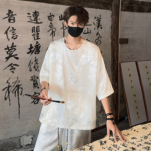 TK500 新中式风冰丝垂感龙纹短袖T恤套装男大码七分裤两件套图片