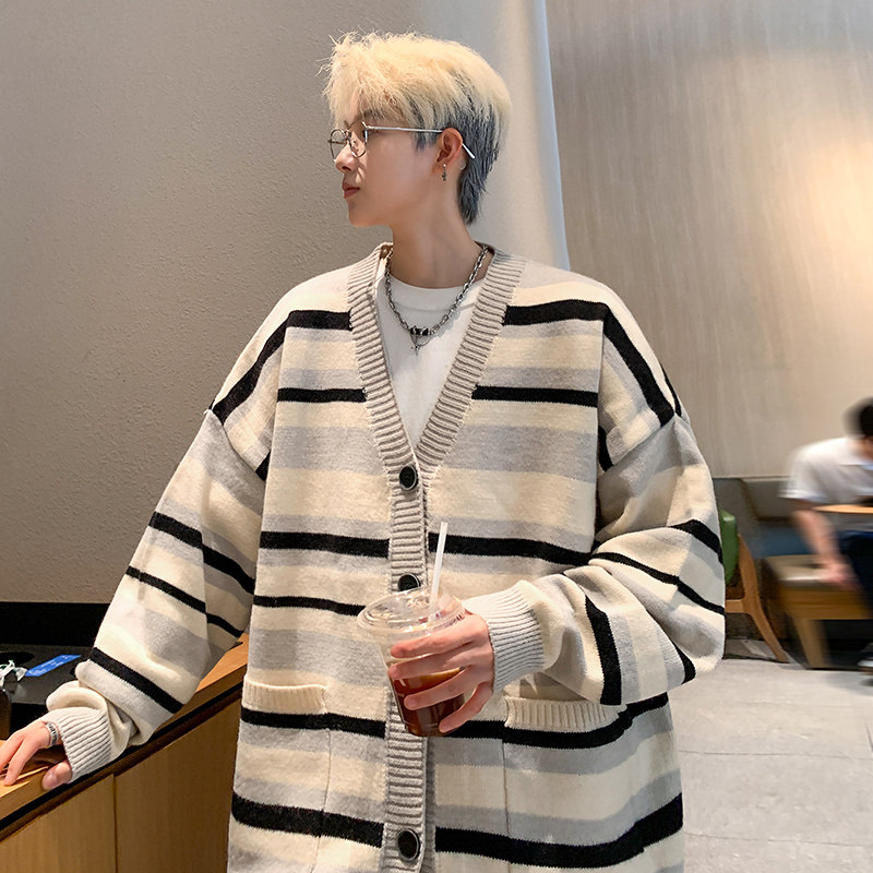 M801秋季条纹V领针织开衫外套男潮流宽松慵懒风针织衫毛衣P65,男装针织衫/毛衣,电商A115