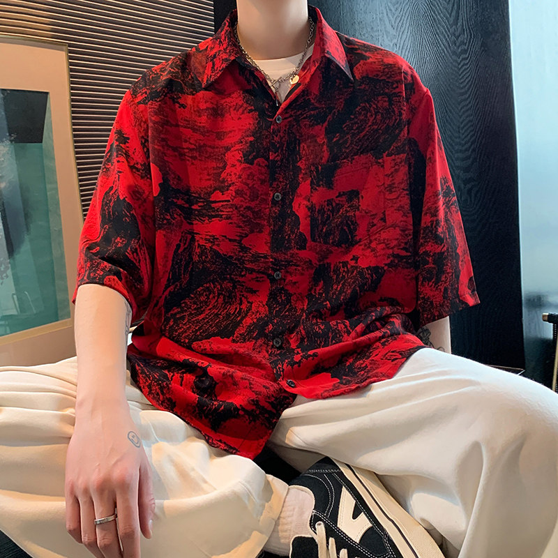 CS77 港风夏季碎花冰丝薄款短袖衬衫男宽松半袖红花衬衣 P40图片