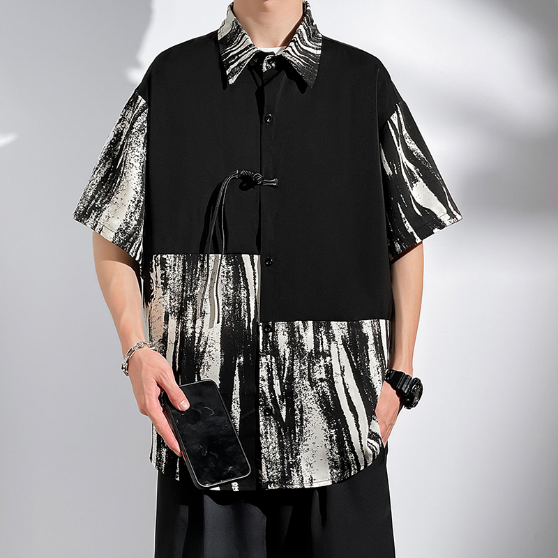 C666-特P35无差价  新中式国风竖条纹拼接短袖衬衫男大码宽松衬衣