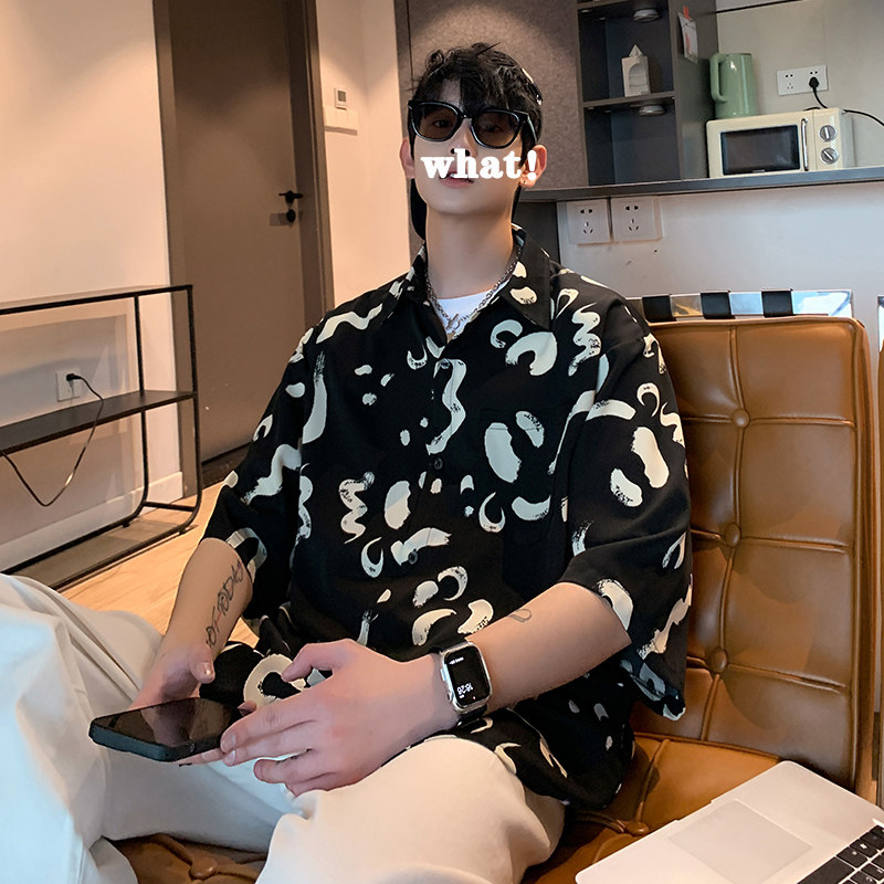 CS77港风夏季碎花冰丝薄款短袖衬衫男宽松半袖玫瑰花衬衣P40,男装T恤,电商A115