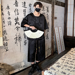 TK500 新中式风冰丝垂感龙纹短袖T恤套装男潮七分裤两件一套图片