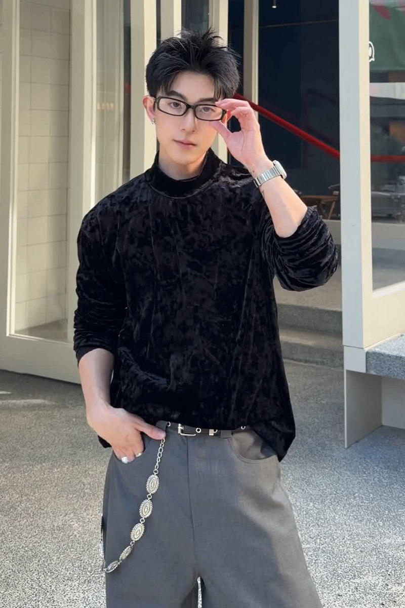 T0042026春季新款中领长袖T恤男潮流松弛感纹理宽松打底衫P30,男装T恤,电商A115
