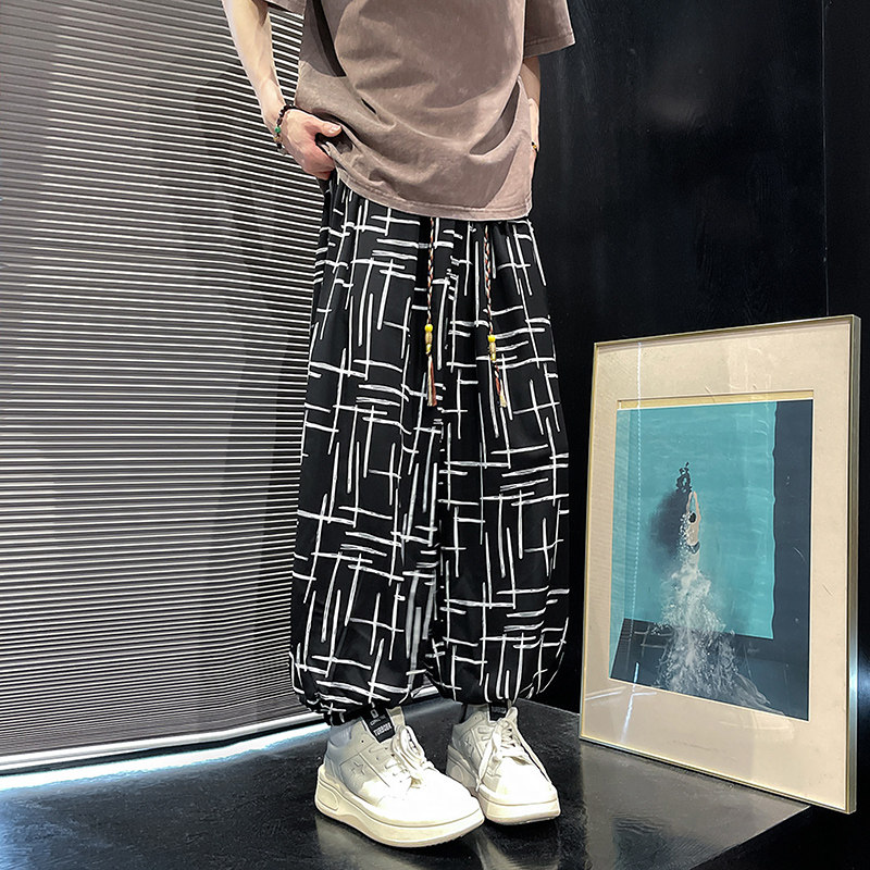 K60风夏季印花灯笼裤男潮大码宽松休闲裤冰丝垂感阔腿裤P50,男装休闲裤,电商A115