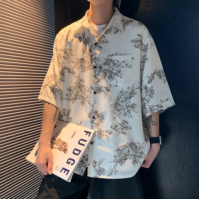 CS77港风碎花冰丝薄款短袖衬衫男士潮牌宽松豹纹半袖花衬衣P40,男装衬衫,电商A115