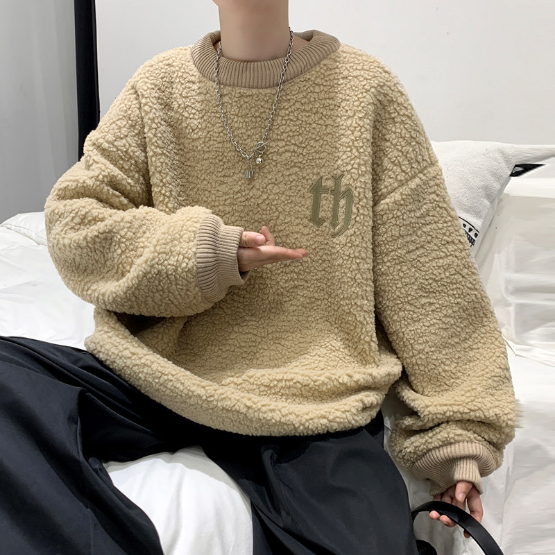 9006冬季新款加绒加厚羊羔毛卫衣男潮牌宽松保暖黑色外套P75,男装卫衣,电商A115
