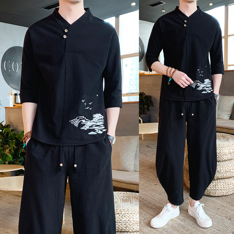 中國風春夏季新款刺繡短袖恤套裝男潮大碼寬鬆漢服兩件套