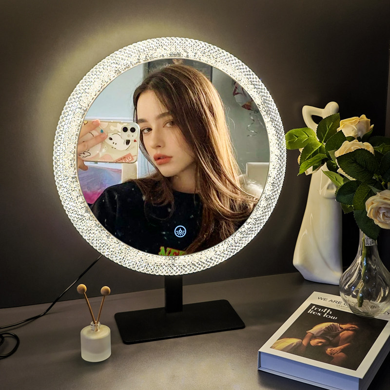 梳妆镜带led灯补光化妆镜台式充电梳妆台智能镜卧室调灯光圆镜子