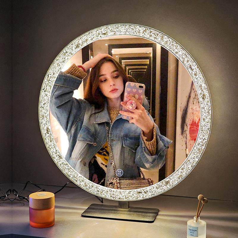 网红亚克力化妆镜带灯氛围灯台式梳妆镜三色变光圆形镜壁挂发光镜