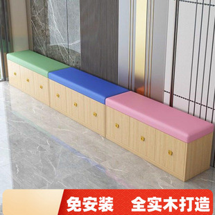 一体书柜加带门收纳换鞋软包长条沙发凳子儿童活动鞋柜实木多功能