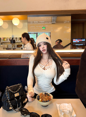 秋澄LeeAutumn柔欲classic 纯欲绑带镂空V领蕾丝上衣打底秋冬内搭