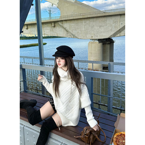 不规则高领麻花蝙蝠袖长袖毛衣