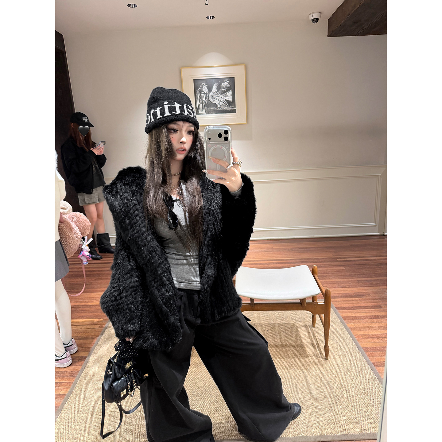 兔毛慵懒风宽松中长款连帽皮草