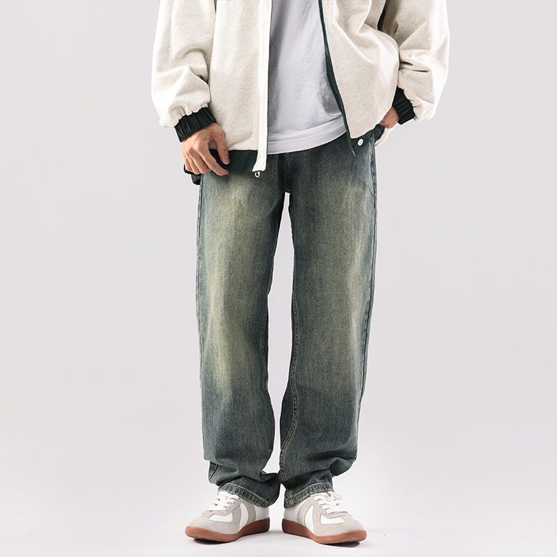 众尼长裤做旧水洗阔腿直筒牛仔裤