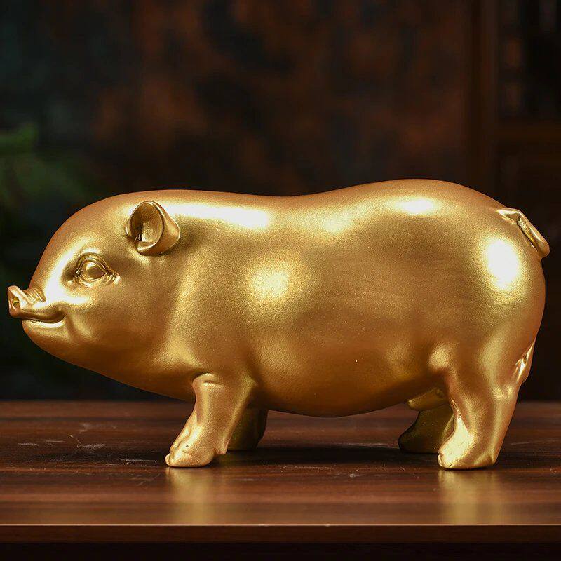 金色木质雕刻公母猪摆件