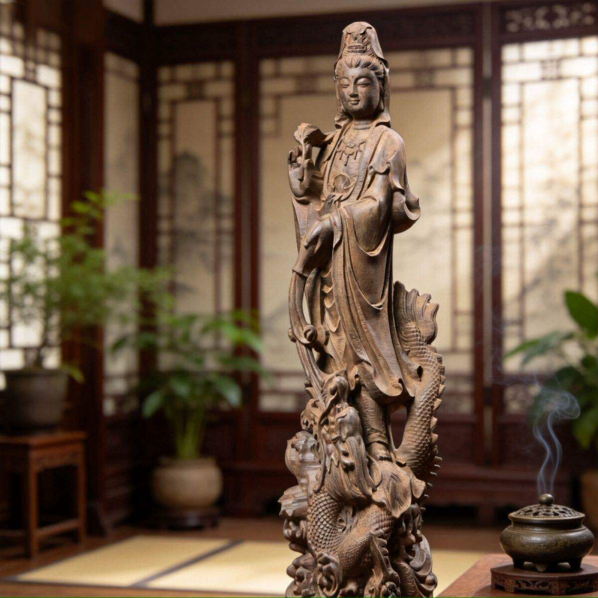 沉香木雕御龙观音摆件实