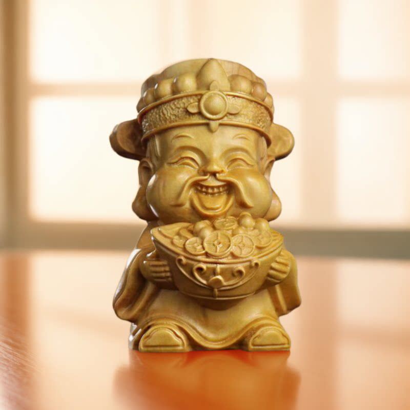 崖柏财神爷木雕招财进宝