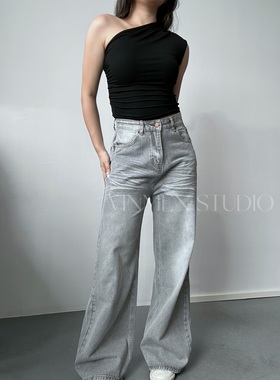 VINMEN STUDIO灰白水洗牛仔裤 拽姐辣妹梨形微胖直筒裤240606