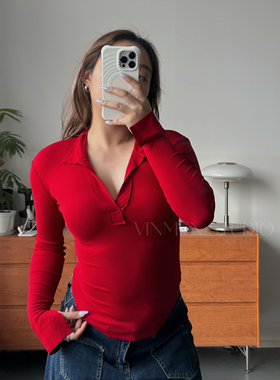 VINMEN STUDIO辣妹教母 深V衬衫长袖纯欲性感修身上衣250115