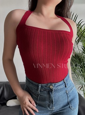 VINMEN STUDIO虞书欣同款挂脖针织背心 修身弹力绑带遮副乳230305