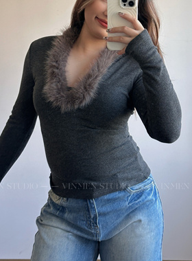 VINMEN斯拉夫女人 毛毛领深V保暖短绒长袖辣妹上衣251209