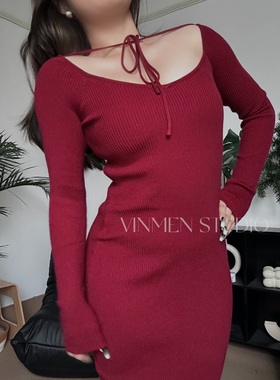 VINMEN STUDIO浪漫午夜 新年红色绑带修身针织连衣裙长裙231217