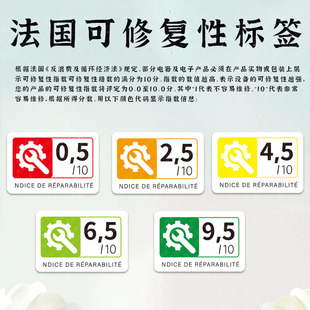 GPSR 欧代电子电器维修指数数值不干胶贴纸 法国可修复性指数标签