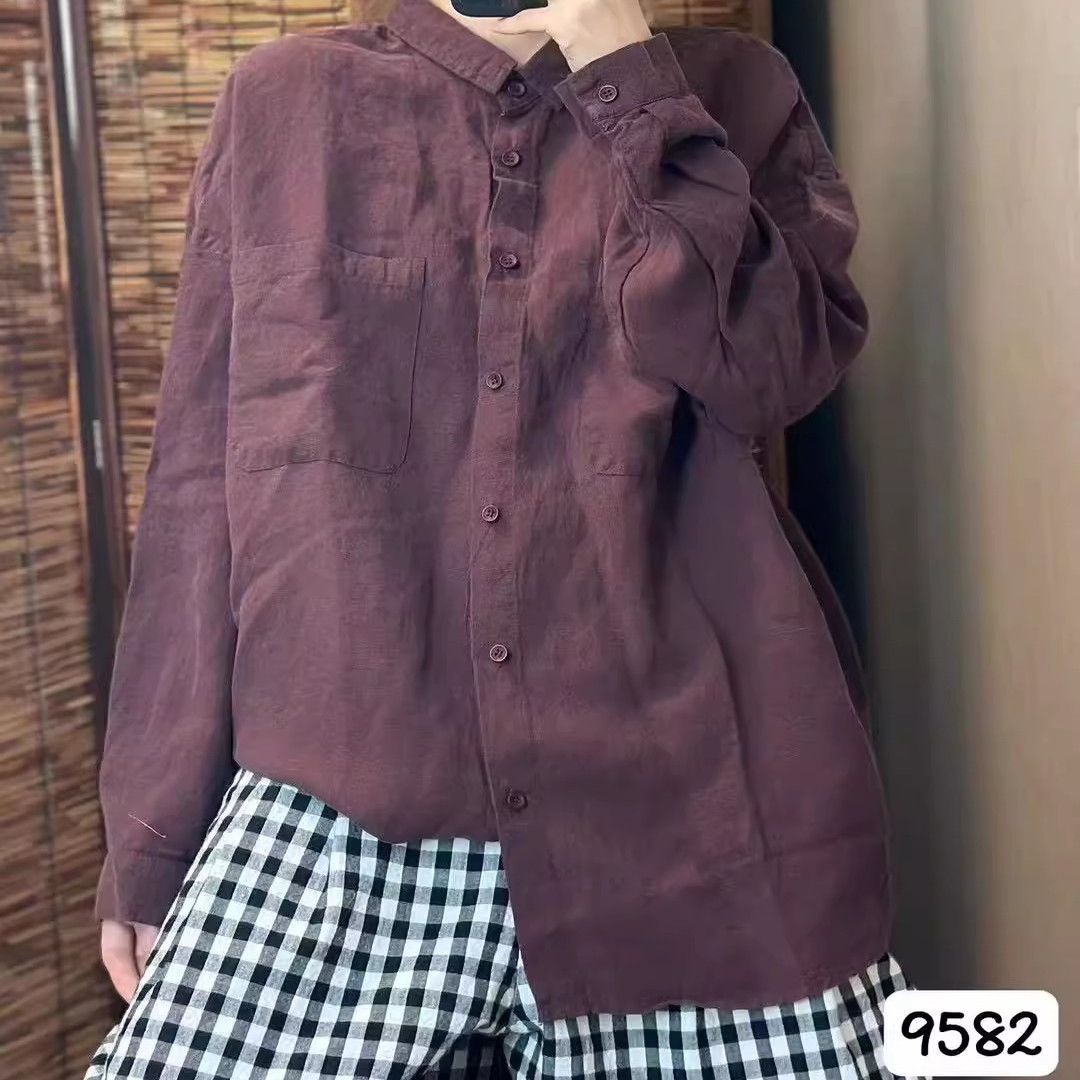 时尚纯色100%纯亚麻长袖衬衫女士
