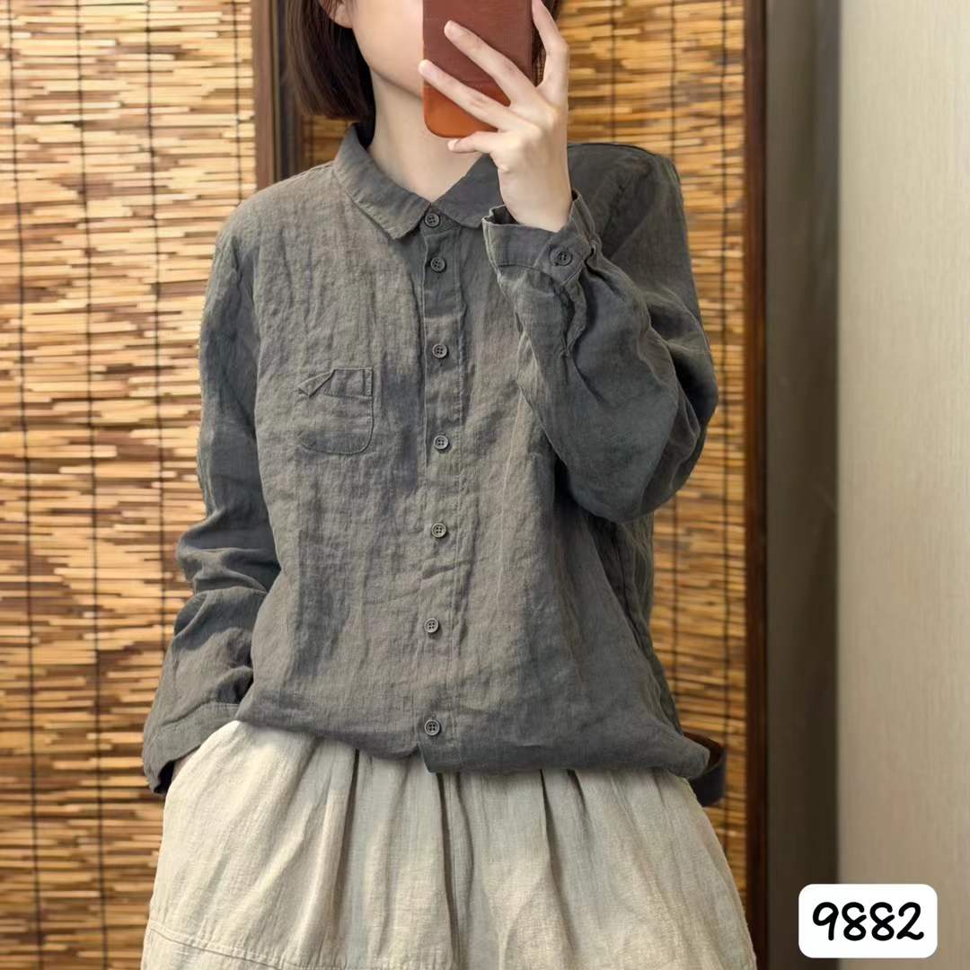 早秋新款通勤风纯亚麻长袖衬衫女