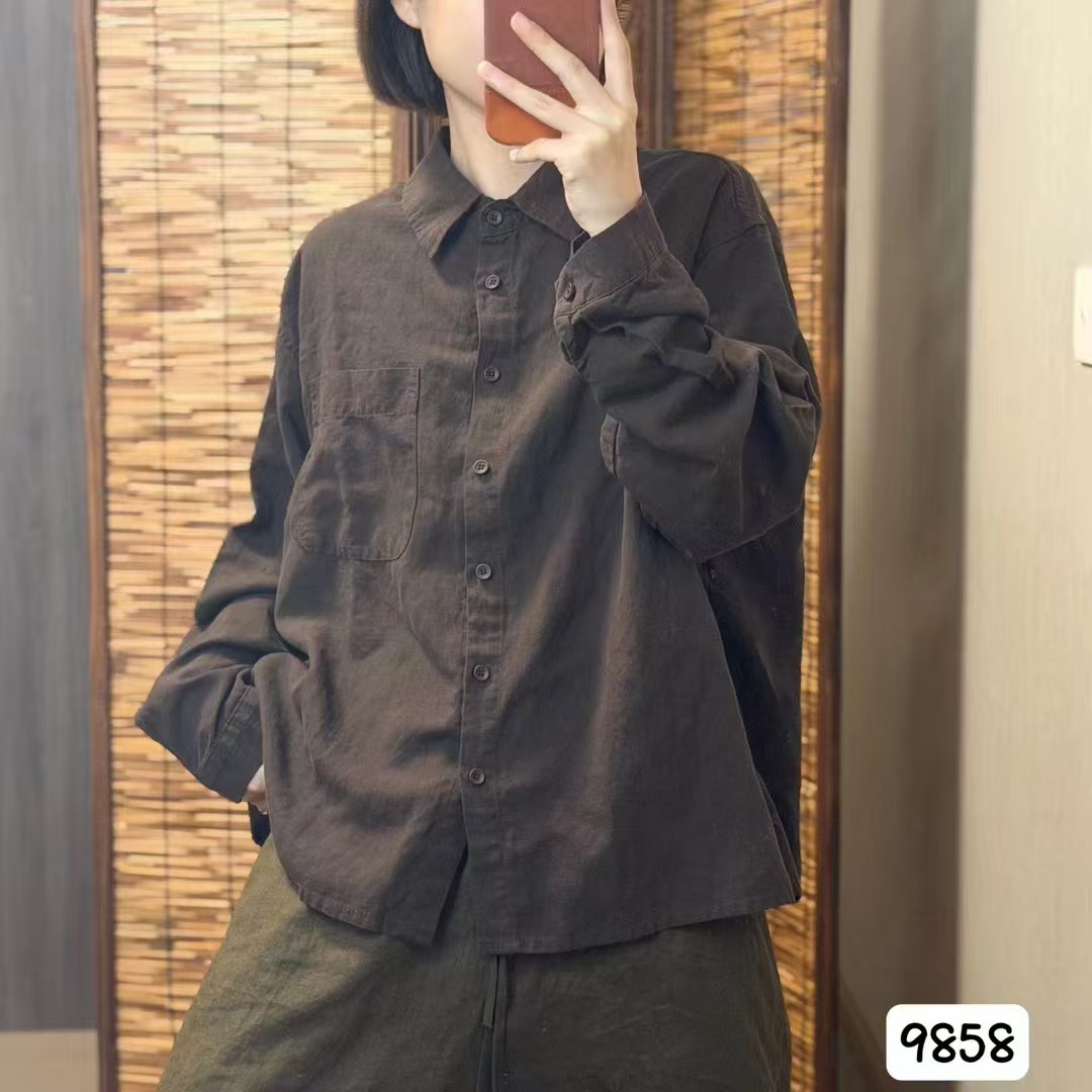 文艺风亚麻长袖衬衫女宽松百搭