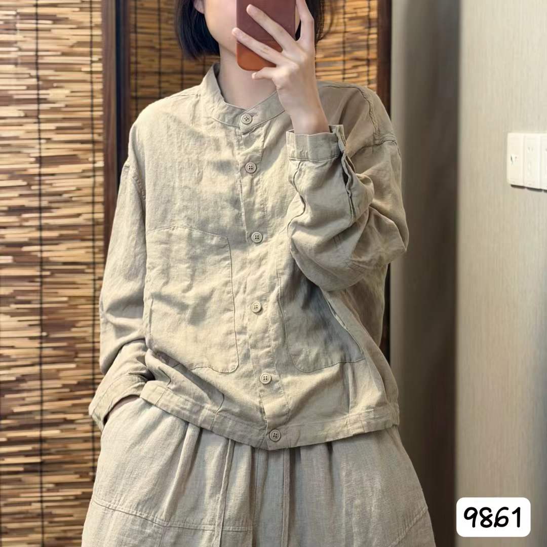 亚麻衬衣文艺复古短款亚麻衬衫