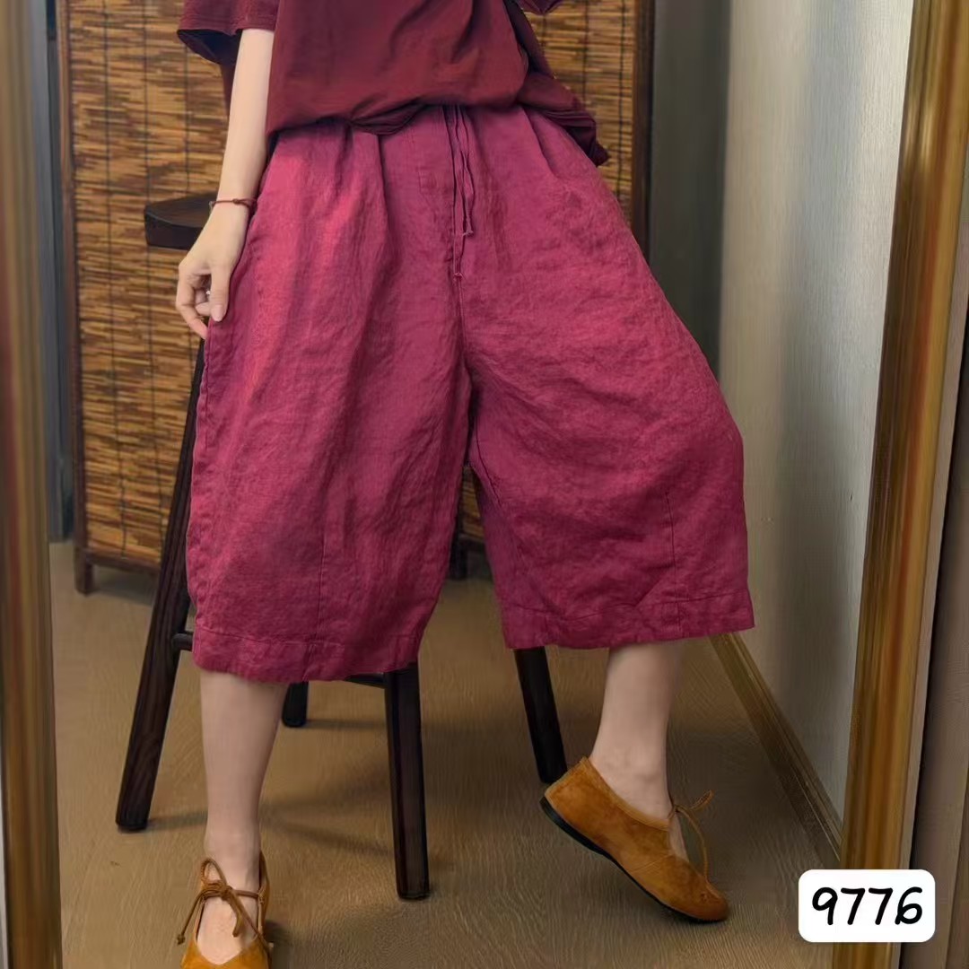 夏季纯亚麻松紧腰女七分裤透气