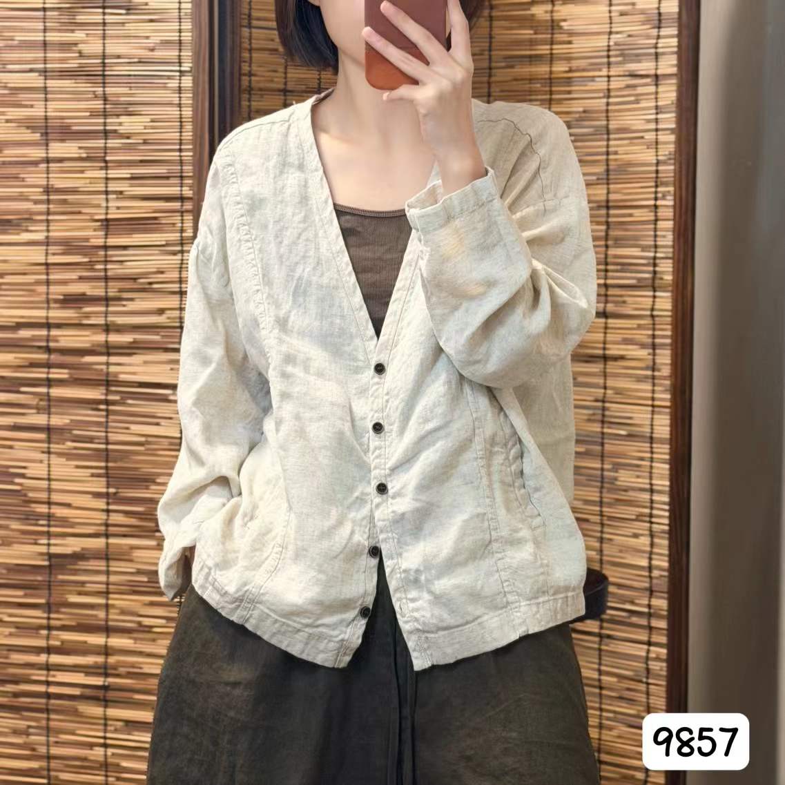 秋款高品质亚麻短款宽松开衫女