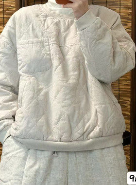 2025冬季新款套头圆领纯亚麻棉衣双面穿棉麻双层棉衣保暖外套9676