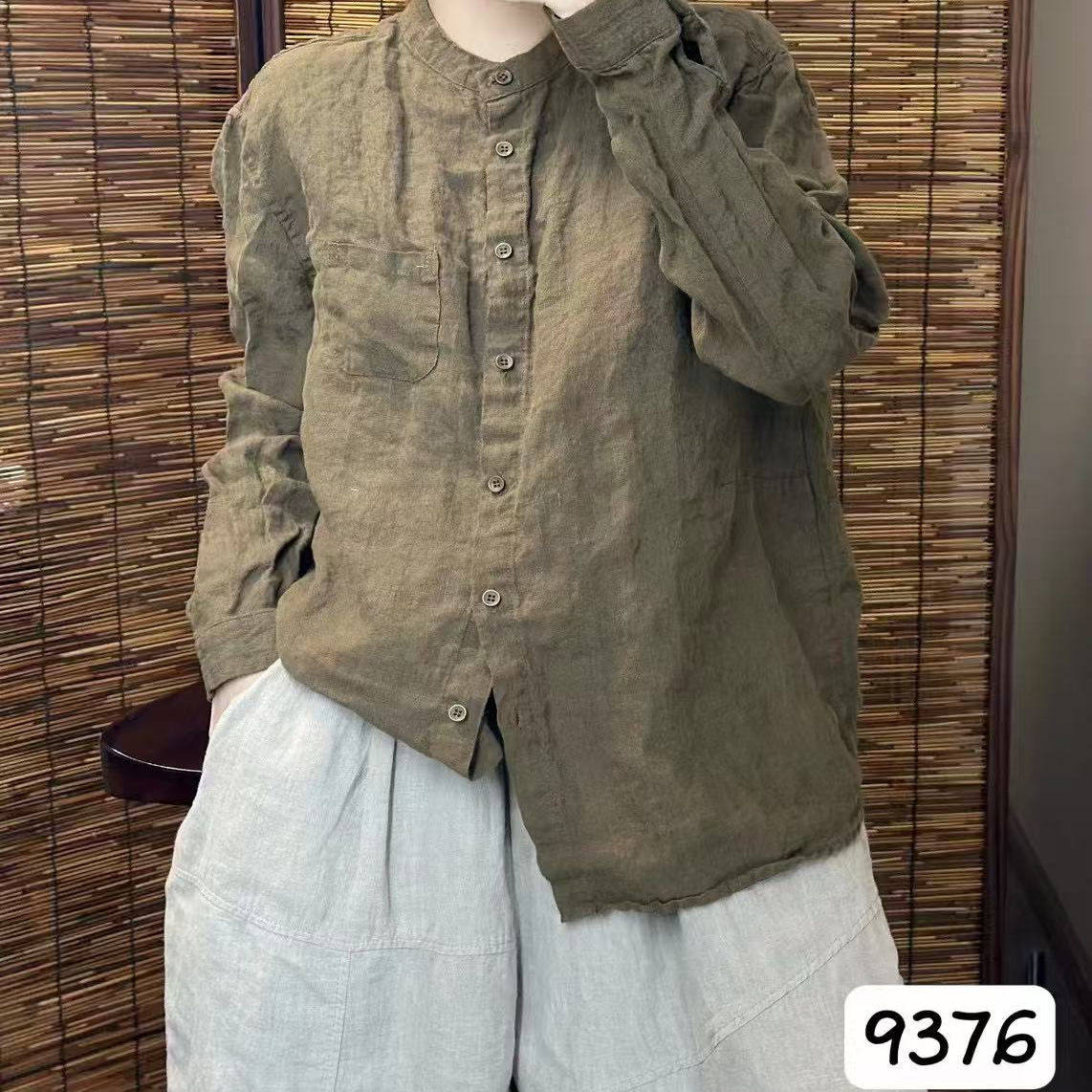 9376亚麻中长上衣纯亚麻长袖衬衫