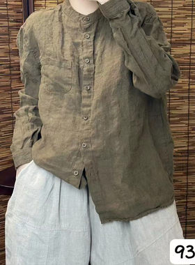 9376希哦秋季新款亚麻中长上衣纯亚麻长袖纯色立领衬衫女百搭时尚