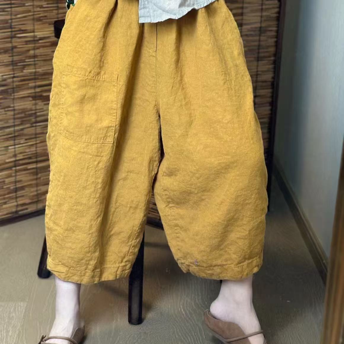 9565希哦新款夏季休闲时尚显瘦重工砂洗亚麻捏褶休闲裤八分灯笼裤