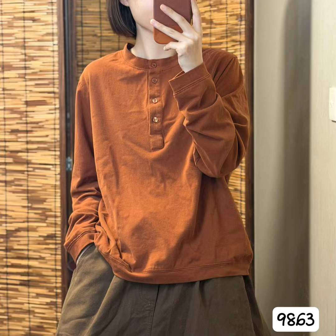 秋季休闲纯色纽扣打底上衣