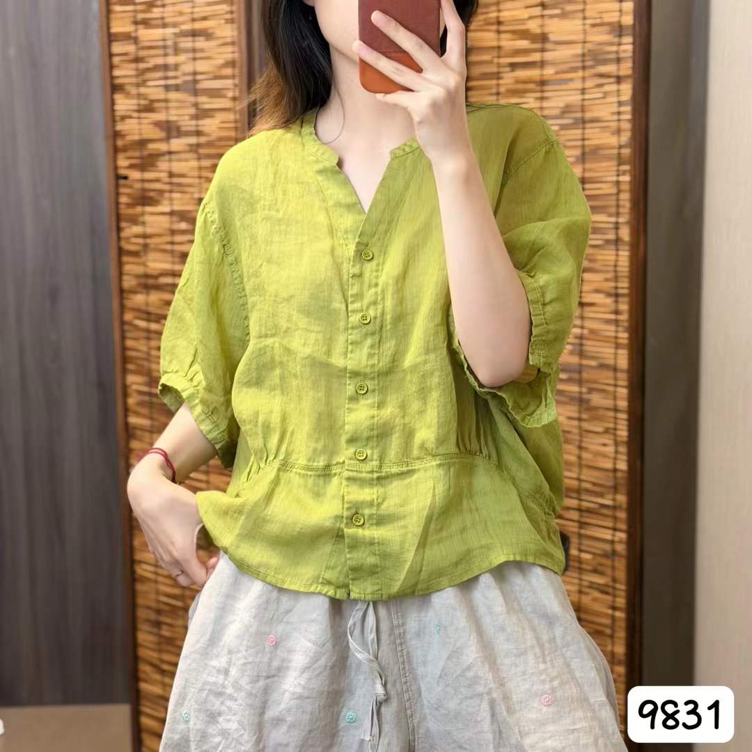 夏季款文艺复古苎麻短袖衬衫女