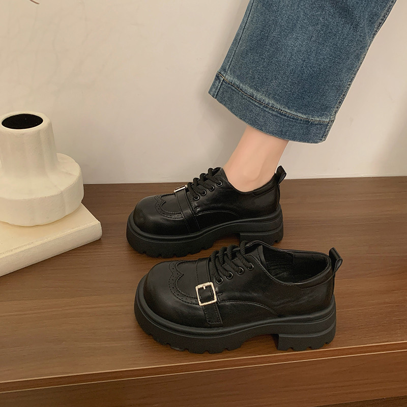 一字扣小皮鞋女2026春新款粗跟厚底ins潮交叉系带小个子乐福单鞋,女鞋,乐福鞋（豆豆鞋）,淘宝优惠券,粉丝福利购,淘宝优惠卷