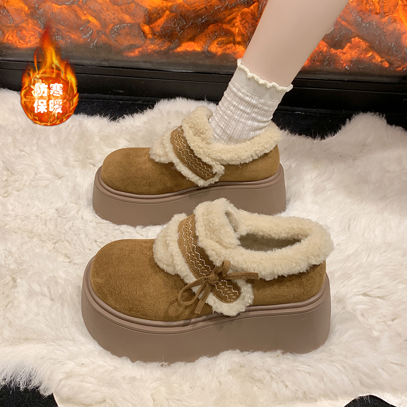 小个子厚底增高网红时尚雪地靴女2025冬新款魔术贴蝴蝶结勃肯棉鞋